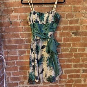 BCBG silk strapless cocktail dress, size 4, creme with teal and navy pattern.